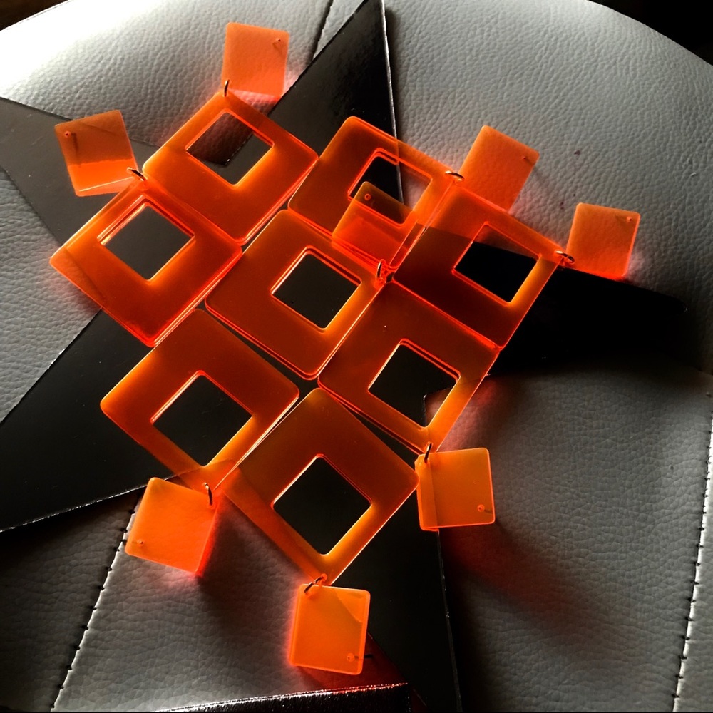 Neon Orange Large Acrylic Geometric Dangle Earrings - Picture 4 of 8